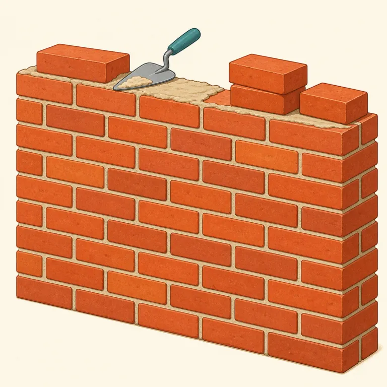 brickwork（レンガ積み・名詞）の覚え方イラスト — brickwork はまず brick「レンガ」＋work「仕事・施工」と分けると覚えやすい語です