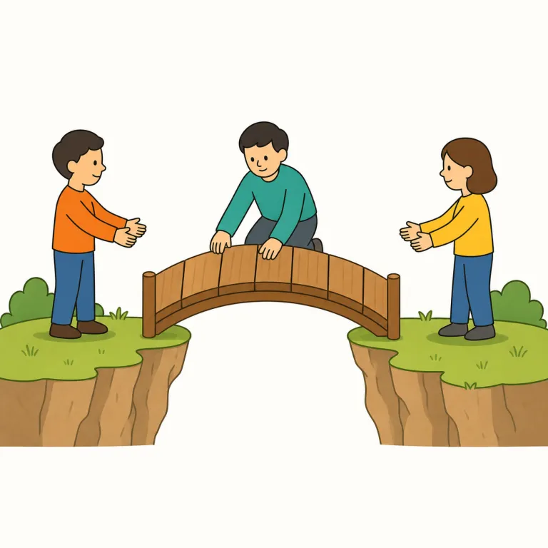 bridge（橋渡しする・動詞）の覚え方イラスト — 名詞の bridge「橋」が分かれば、動詞もそのまま「橋をかけて隔たりをつなぐ」と捉えると覚えやすいです