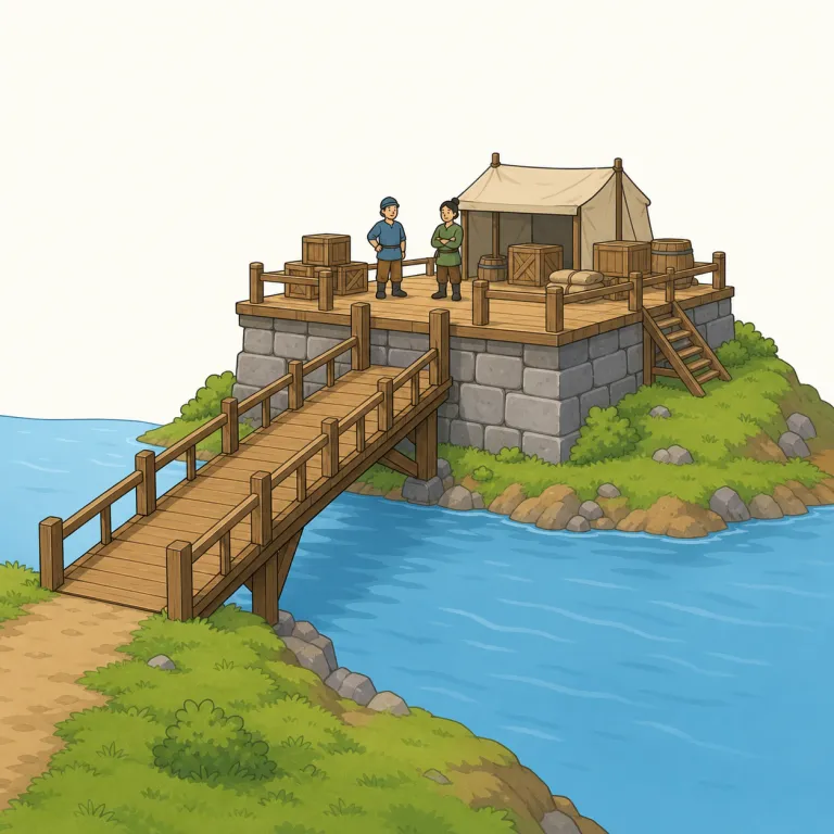 bridgehead（橋頭堡・名詞）の覚え方イラスト — bridge は「橋」、head は「先端・前線」と分けて、川を越えた先で軍がまず確保する防御拠点を思い浮かべる