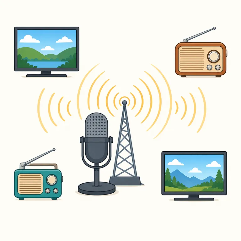 broadcast（放送する・動詞）の覚え方イラスト — broadcast は、内容を1人に送るのでなく「広く多くの人に一斉に届ける」場面で固定して覚えると残りやすい語です