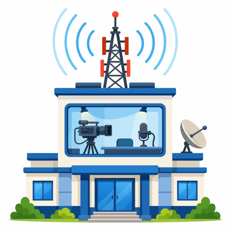 broadcaster（放送局・名詞）の覚え方イラスト — この意味の broadcaster は、放送で話す個人ではなく、番組を制作・送出する組織としての「放送局」を指します