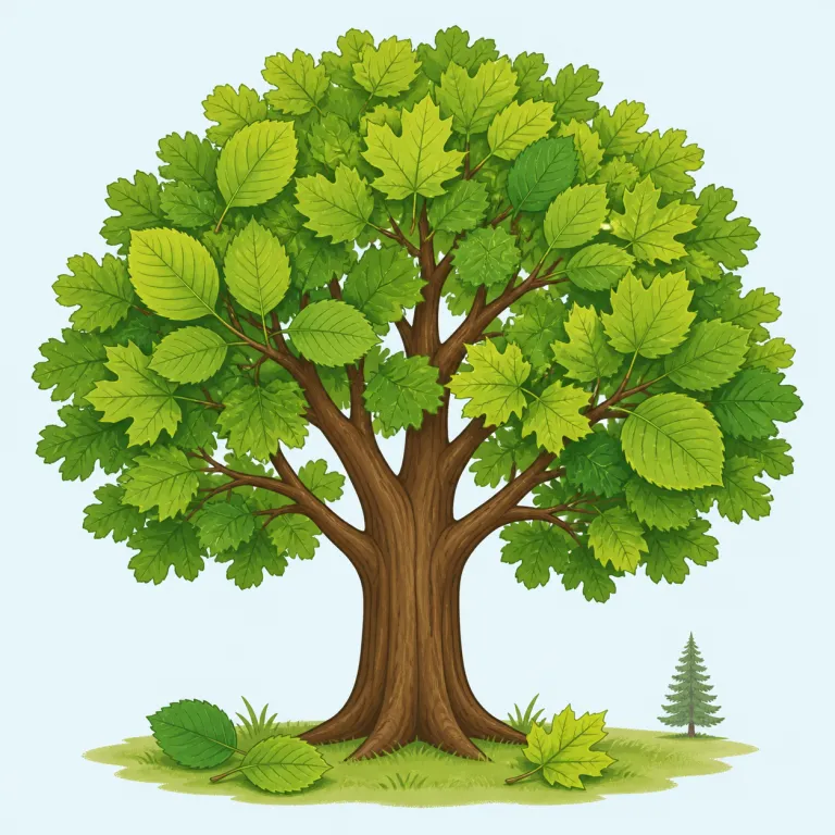 broadleaf（広葉樹・名詞）の覚え方イラスト — `broad` は「幅広い」、`leaf` は「葉」
