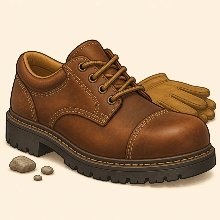 brogan（丈夫な革の作業靴・名詞）の覚え方イラスト — shoe や boot の仲間として覚えつつ、「見た目より用途」で捉えると残りやすい語