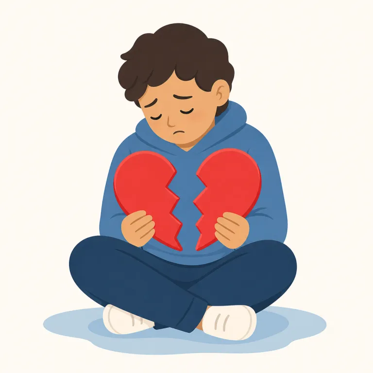 brokenhearted（傷心の・形容詞）の覚え方イラスト — brokenhearted は broken + heart + -ed と見れば覚えやすい