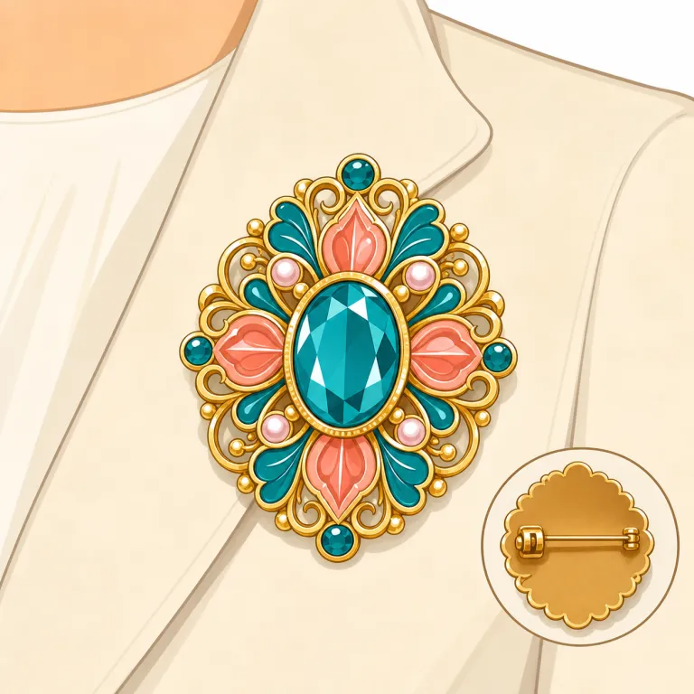 brooch（胸飾り・名詞）の覚え方イラスト — brooch は jewelry の一種ですが、necklace は首にかけるもの、ring は指にはめるもの、brooch は服に pin で留めるもの、と場所と付け方で区別すると覚え…