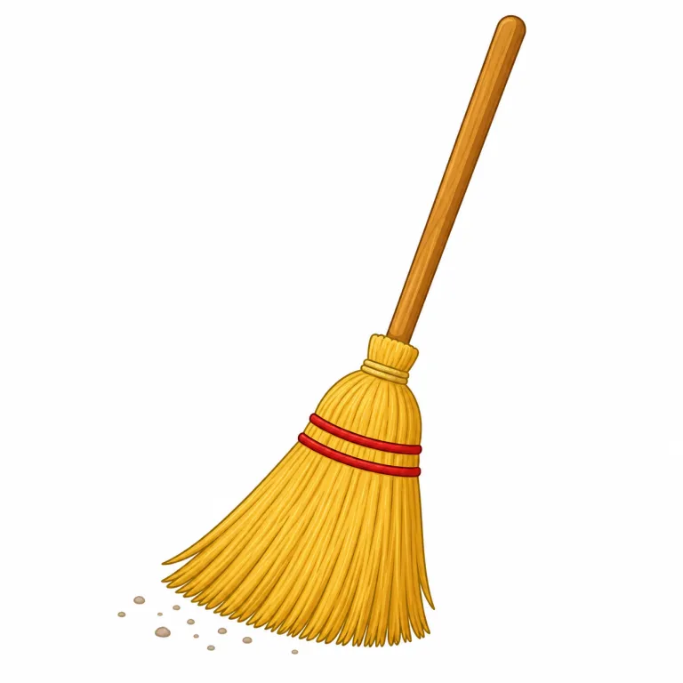 broom（ほうき・名詞）の覚え方イラスト — a broom は、手に持って床面をなでるように動かし、軽いごみを一か所に寄せる道具と考えると定着します