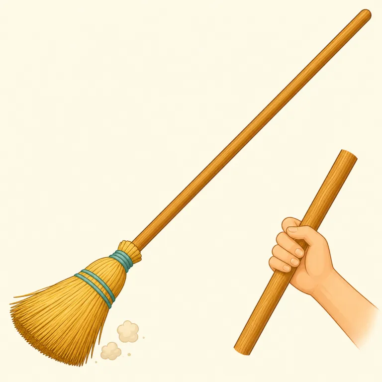broomstick（ほうきの柄・名詞）の覚え方イラスト — broomstick は broom「ほうき」+ stick「棒」とそのまま分かれるので、まず stick を手がかりにすると覚えやすい語です