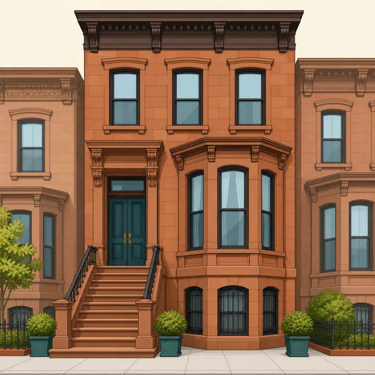brownstone（褐色砂岩の建物・名詞）の覚え方イラスト — `brown + stone` の見た目どおりに押さえるのが最短です