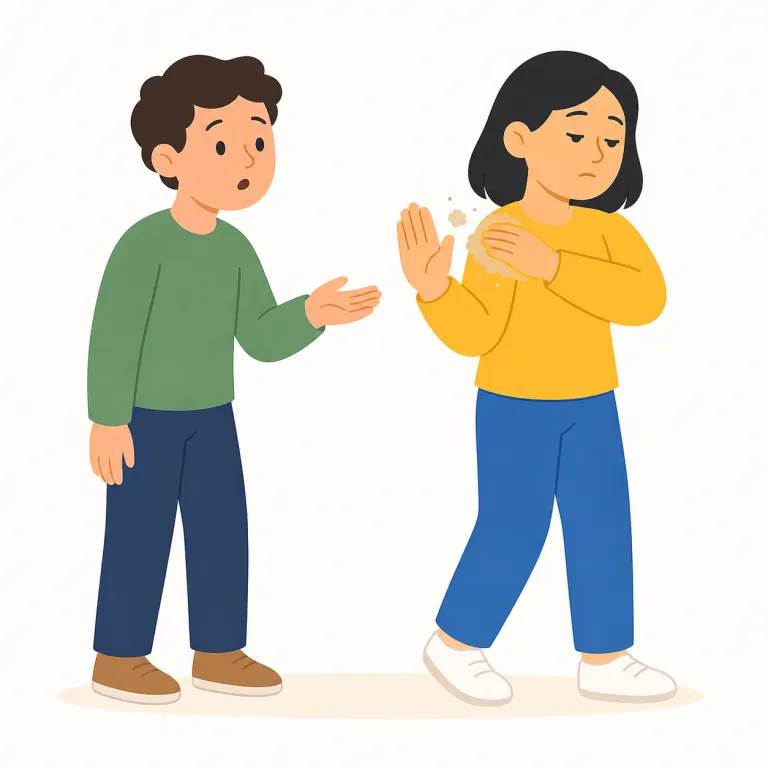 brush off（払い落とす・句動詞）の覚え方イラスト — brush は「ブラシをかける」だけでなく「表面をさっと払う」動きも連想すると覚えやすいです