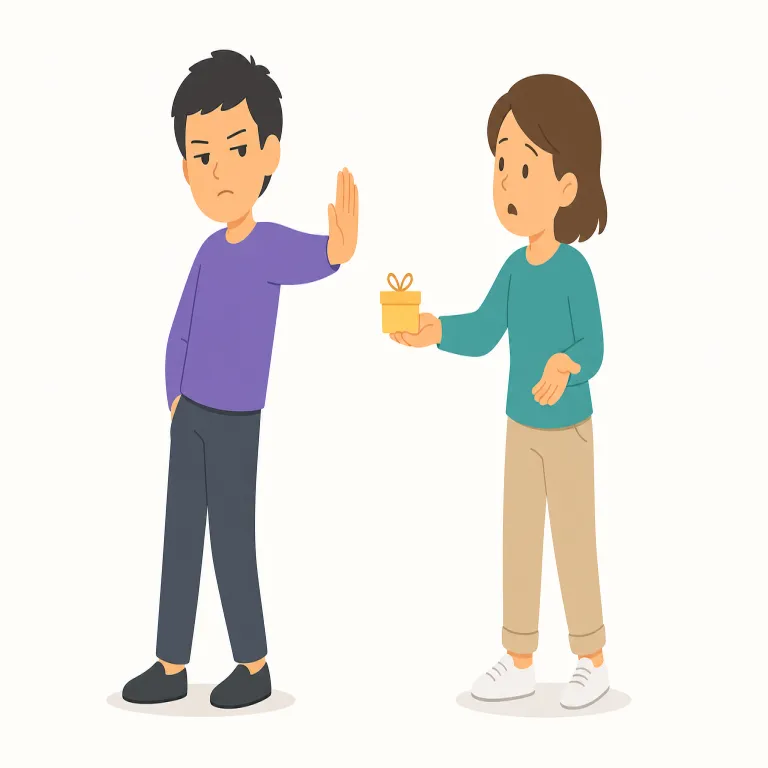 brusque（無愛想な・形容詞）の覚え方イラスト — brusque は「失礼そのもの」というより、返事や態度が短く切られていて、相手に冷たく感じられる語として覚えると残りやすいです