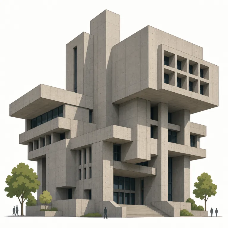 brutalist（ブルータリズム建築の・形容詞）の覚え方イラスト — brutal を見て「残酷な」を先に思い出すとズレます