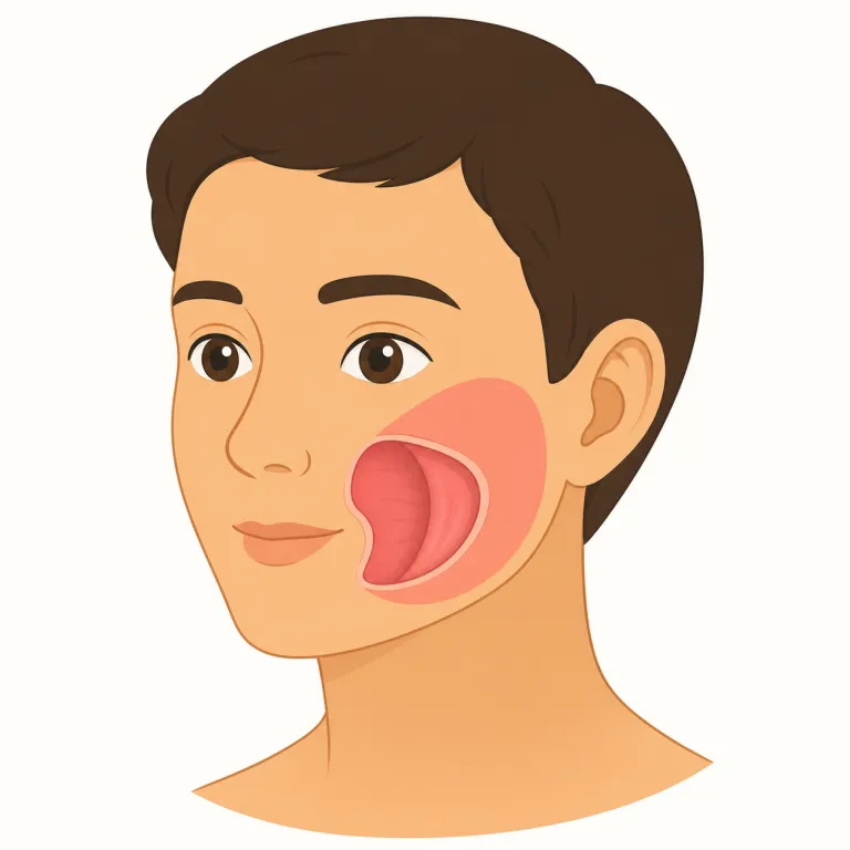 buccal（頬の、頬側の・形容詞）の覚え方イラスト — medical系の形容詞で oral（口の）, nasal（鼻の）と並べて覚えると定着しやすいです