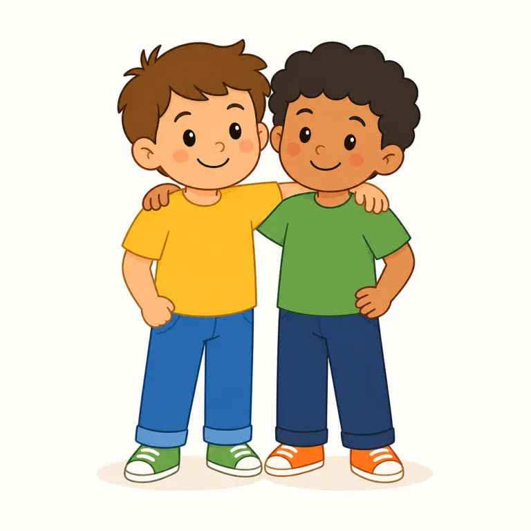 buddy（友達、仲間・名詞）の覚え方イラスト — friend よりくだけていて、日常会話で気軽に呼ぶ「相棒」「仲間」の感じ