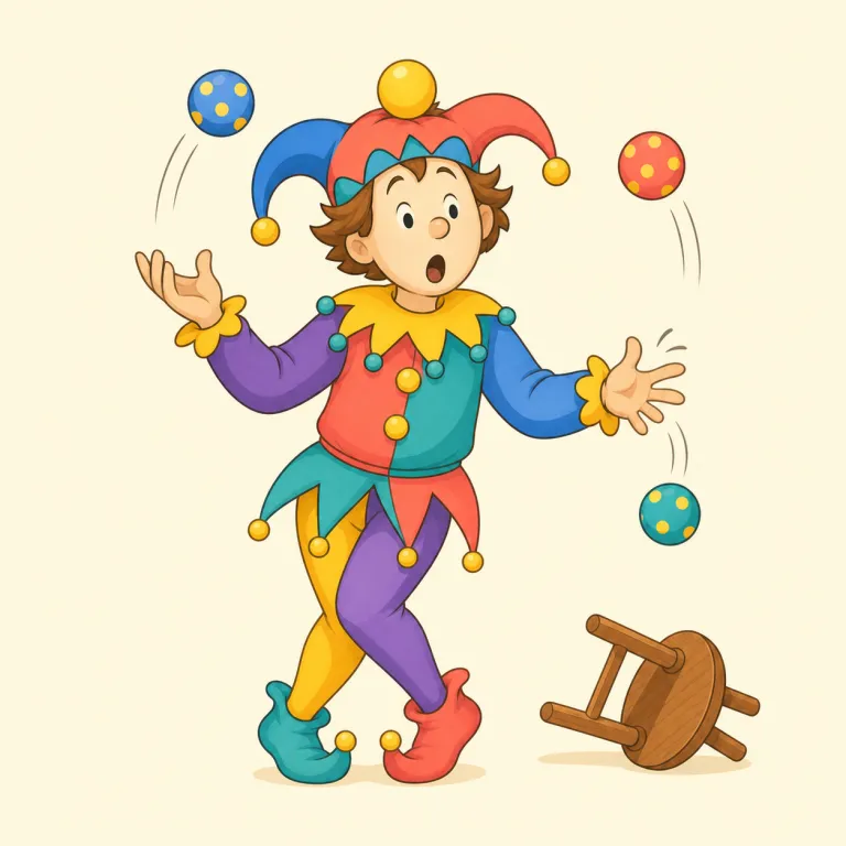 buffoon（道化・名詞）の覚え方イラスト — buffoon は、まず「人を楽しませる clown / joker」ではなく、「愚かさゆえに笑われる人」「見ていてあきれる道化」と押さえると定着しやすいです