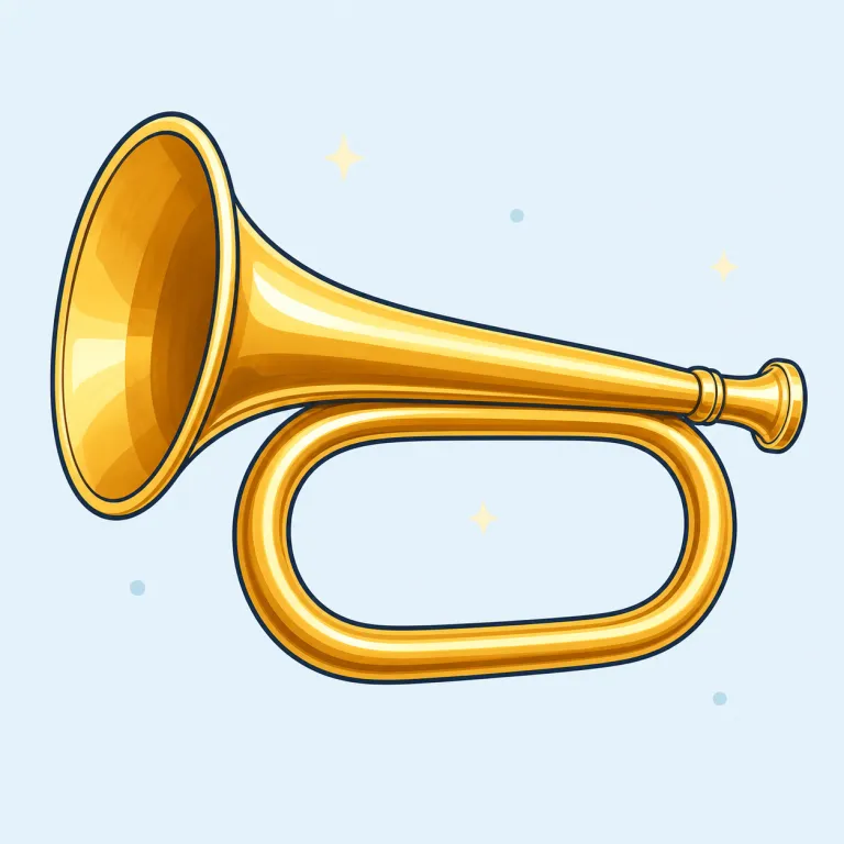 bugle（ラッパ・名詞）の覚え方イラスト — bugle は trumpet より用途が狭く、「軍隊や狩りで合図を出すラッパ」と場面ごと覚えると残りやすいです