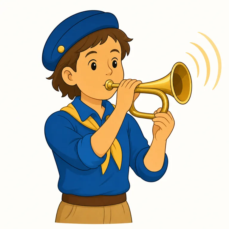 bugler（ラッパ手・名詞）の覚え方イラスト — このエントリの「ラッパ手」は、ビューグル奏者という基本義とは別に、ラッパを吹いて合図や儀礼音を担当する人という広めの訳で覚えるとよいです