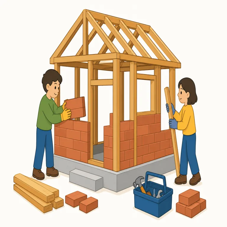 build（建てる、作る・動詞）の覚え方イラスト — build は「一段ずつ積み上げて、形あるものに仕上げる」動きを思い浮かべると覚えやすい語です