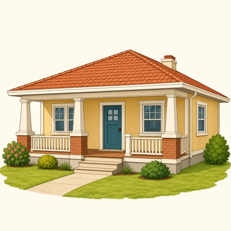 bungalow（バンガロー・名詞）の覚え方イラスト — まず日本語の「バンガロー」とほぼ同じ形なので、音と意味はそのまま結び付けてよい語です
