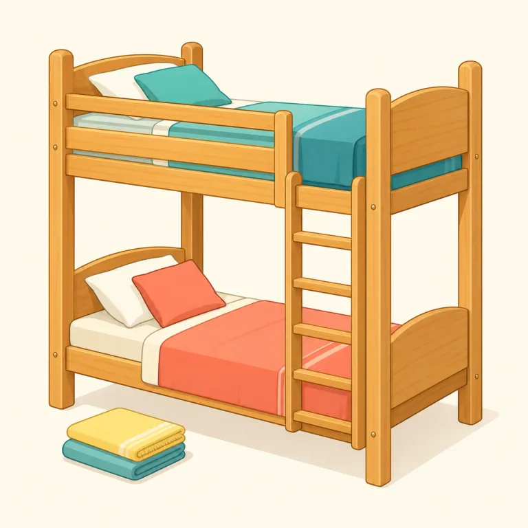 bunk（寝台・名詞）の覚え方イラスト — bunk は限られた空間に設ける簡素な「寝台」で、bunk bed（二段ベッド）、top bunk（上段の寝台）、bottom bunk（下段の寝台）が定番表現