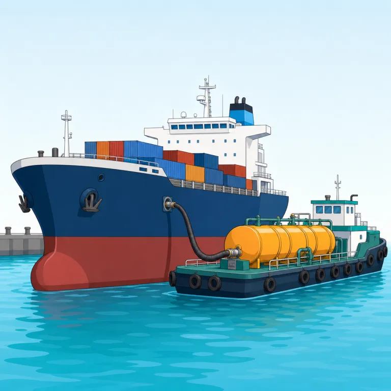 bunkering（バンカリング・名詞）の覚え方イラスト — bunker を「船の燃料を入れておく場所・燃料関連」と押さえると、bunkering はその実務全体だと覚えやすいです