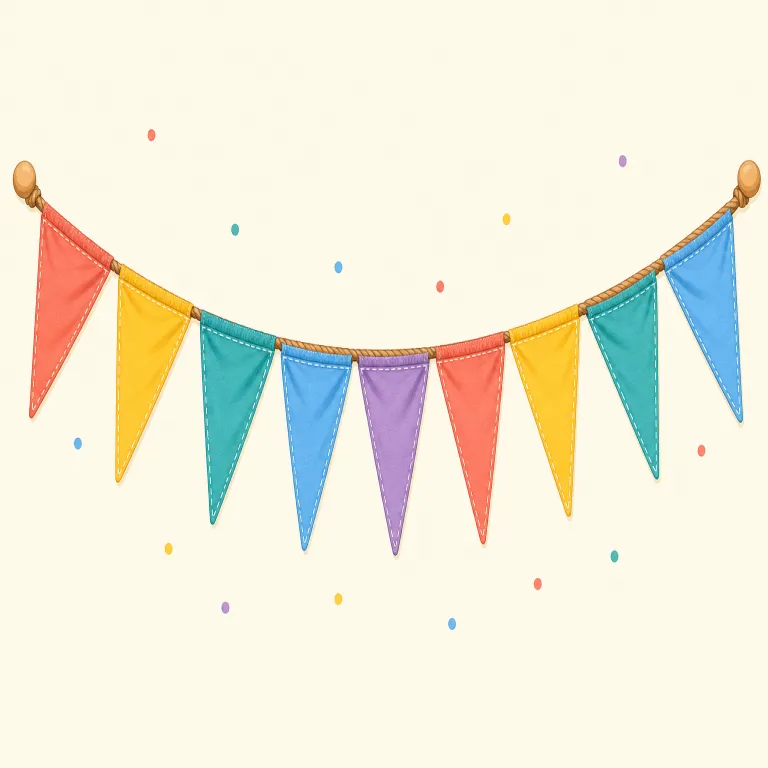 bunting（旗布、旗飾り・名詞）の覚え方イラスト — 小さな旗がひもにたくさんつながって、会場をにぎやかにしている様子を思い浮かべましょう