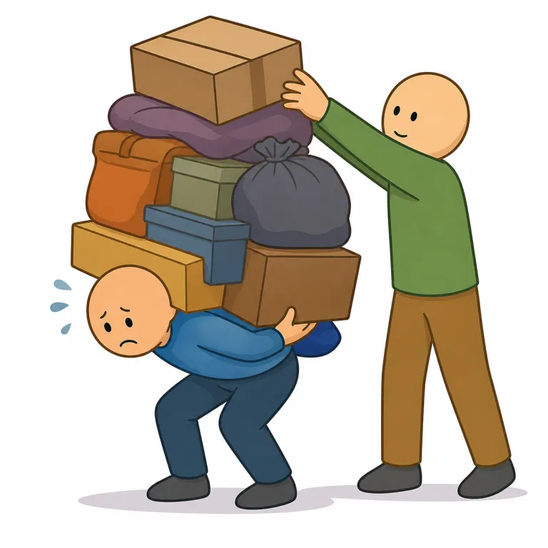 burdening（負担をかける・動詞）の覚え方イラスト — このエントリでは burdening を「負担をかける」として覚えます