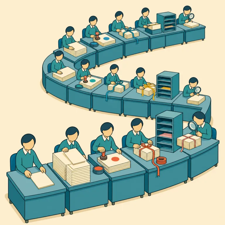 bureaucratically（官僚的に・副詞）の覚え方イラスト — bureau「官庁・事務局」と -cracy「統治」を含む bureaucracy「官僚制度」につなげ、bureaucratic「官僚的な」の副詞形と覚えると定着し…