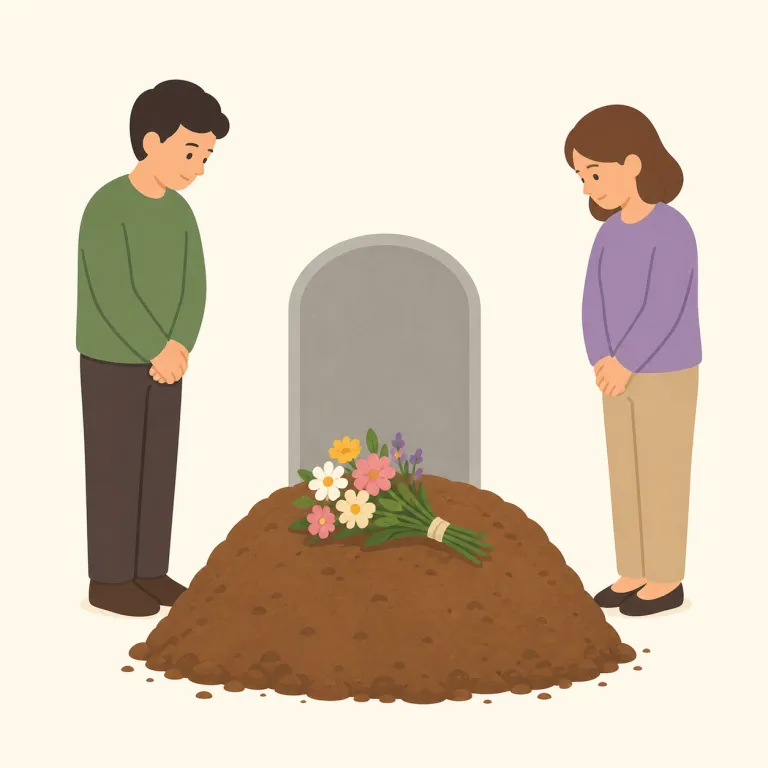 burial（埋葬・名詞）の覚え方イラスト — この burial は「葬式」という基本義とは別に、故人や遺骨を土中・墓に納める行為そのものを指す意味です