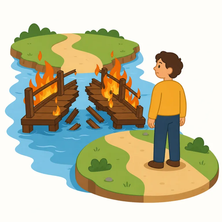 burn bridges（関係を断つ・イディオム）の覚え方イラスト — sage は「賢者、物知りな人」