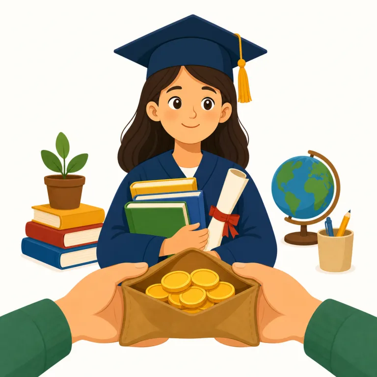 bursary（奨学金・名詞）の覚え方イラスト — bursary は、単に scholarship の難しい言い換えと覚えるより、『大学のお金まわりで出る支援語』としてまとめると残りやすいです