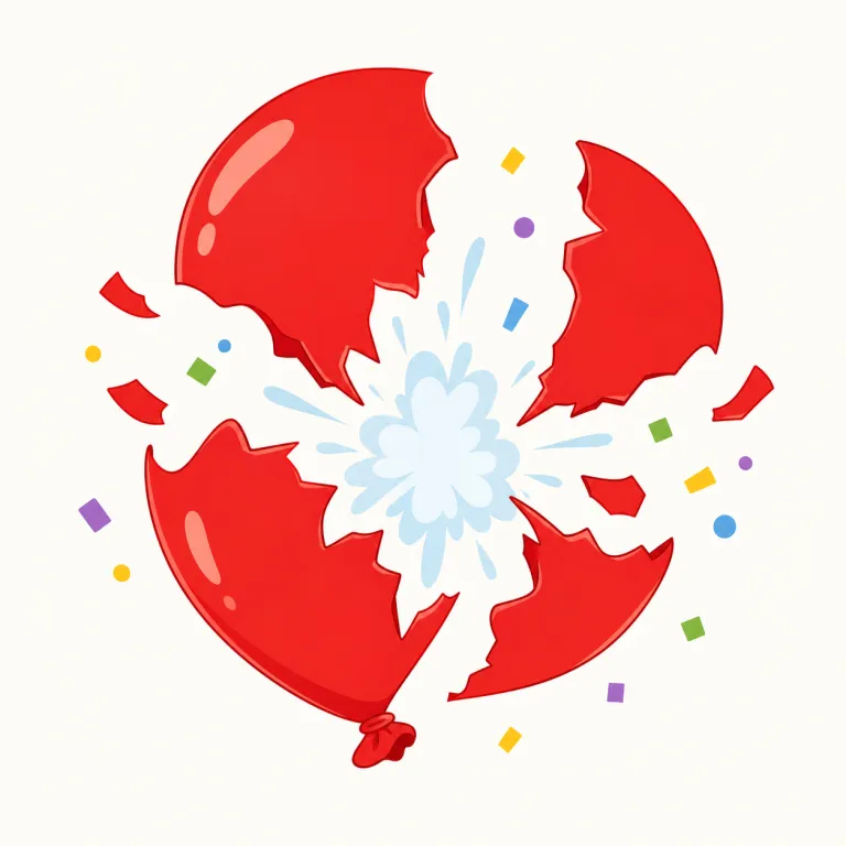 burst（破裂する・動詞）の覚え方イラスト — balloon bursts, pipe bursts, bubble bursts のように、ふくらんだ物や圧力を受けた物が限界を超えて裂ける動きを思い浮かべると定着します