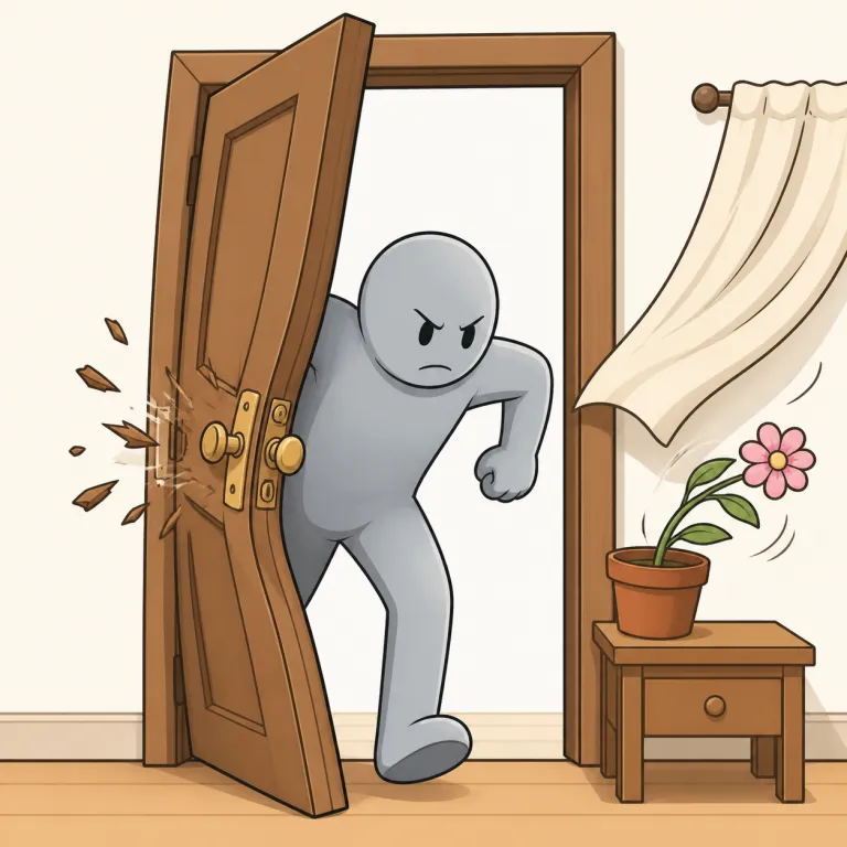 burst into（押し入る・phrasal_verb）の覚え方イラスト