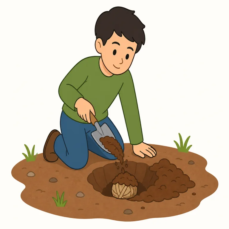 bury（埋める・動詞）の覚え方イラスト — この「埋める」の bury は、人を埋葬する基本義とは別に、物を土や灰などの下に入れて見えなくする意味で覚えます