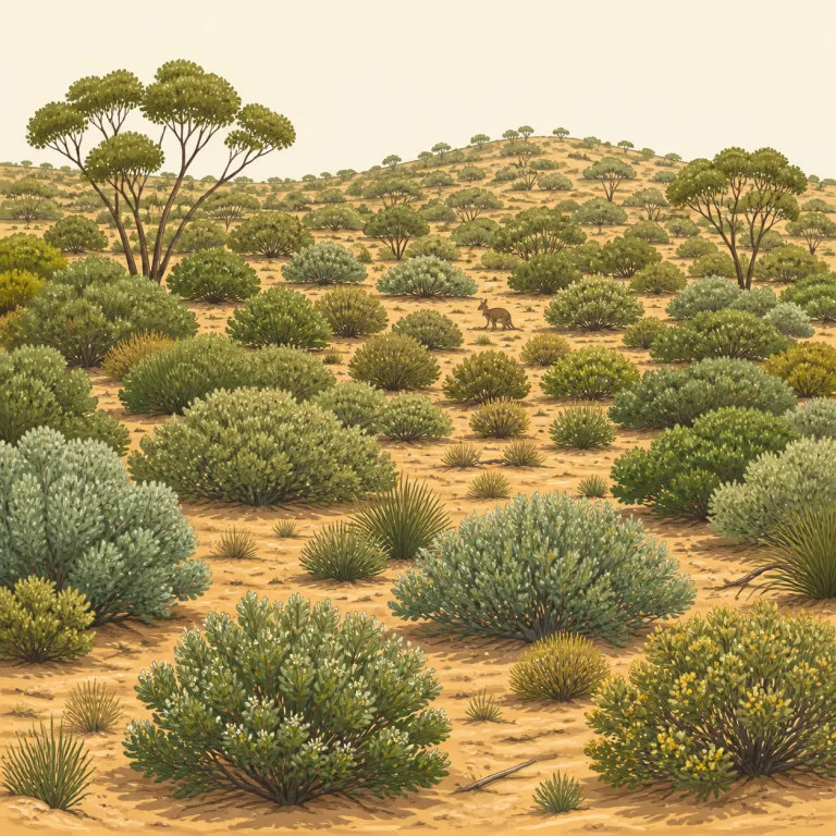 bushland（低木地帯・名詞）の覚え方イラスト — bush＋landで「茂みが広がる土地」と分解して覚えるのが基本です