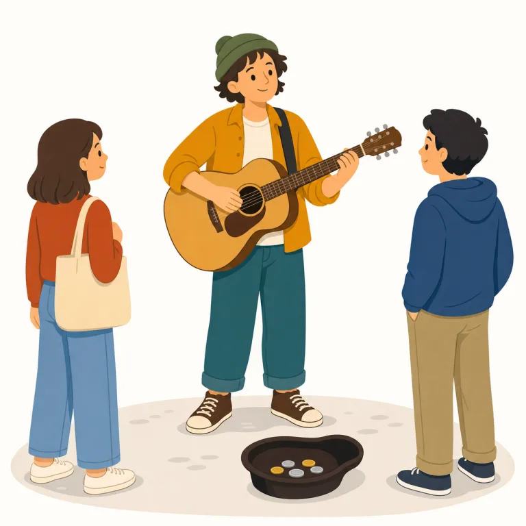 busker（大道芸人・名詞）の覚え方イラスト — busker はまず street musician にかなり近い語として覚えると早いです