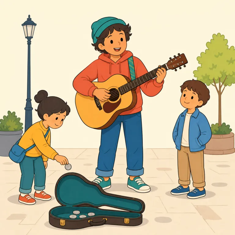 busking（路上演奏・名詞）の覚え方イラスト — busking は busk「路上で演奏してお金を得る」に -ing が付いた名詞で、doing や singing と同じく「その行為」を表します