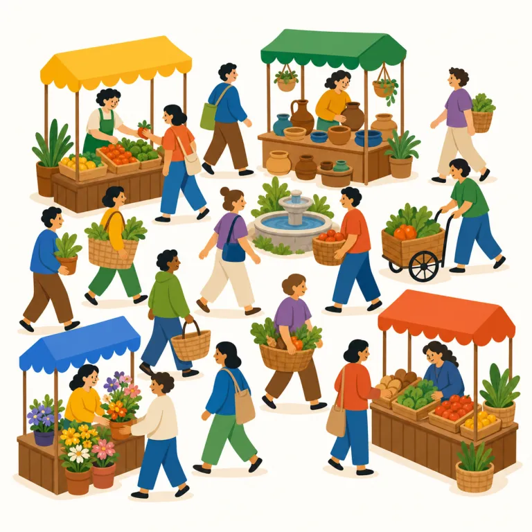 bustling（賑やかな・形容詞）の覚え方イラスト — bustling は bustle（せわしく動く）からそのまま覚えると定着しやすい語