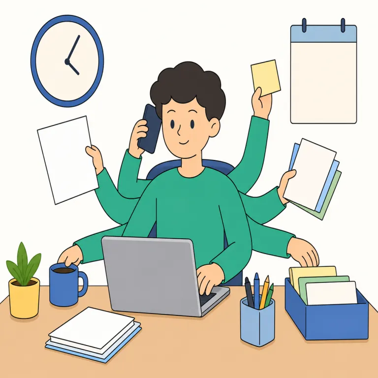 busy（忙しい・形容詞）の覚え方イラスト — busy は、人や予定が仕事・用事・活動で埋まっていて、自由に使える時間が少ない状態を表します