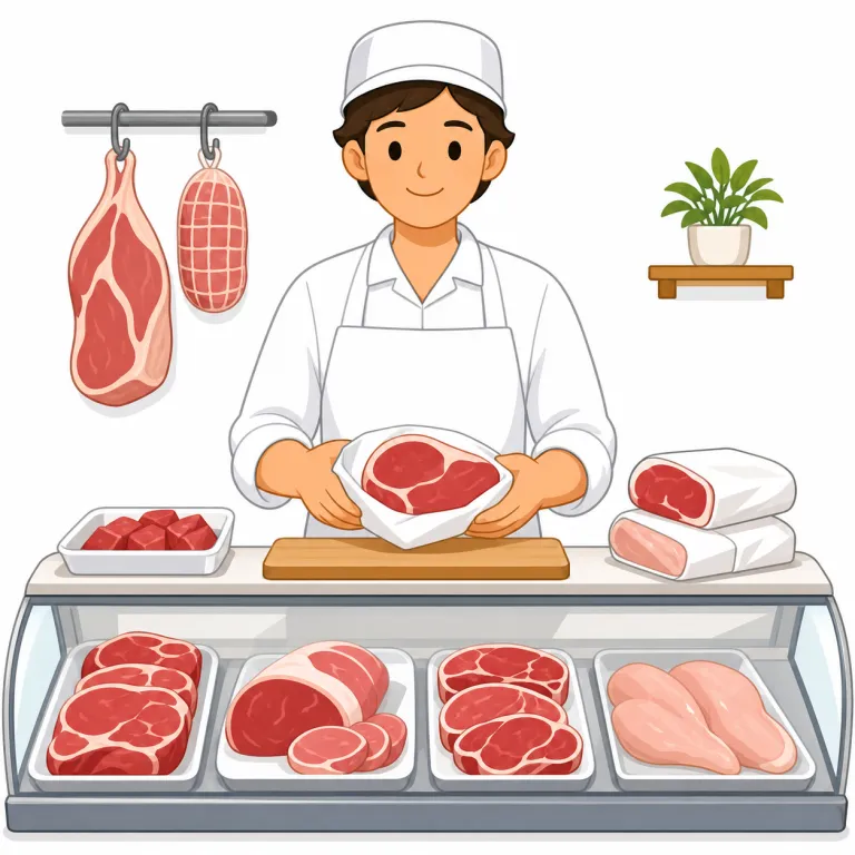 butcher（肉屋・名詞）の覚え方イラスト — まず「肉を切り分ける職人・店」の場面で固定し、butcher shop, go to the butcher, ask the butcher for a cut のまとまりで覚えると実…