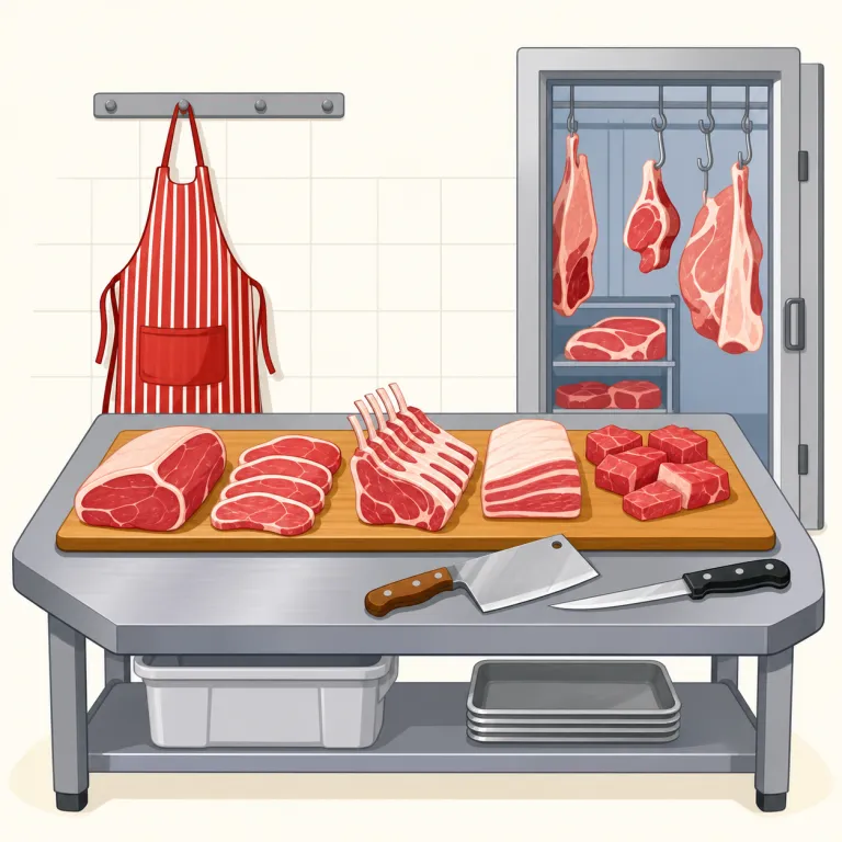 butchery（屠殺、食肉処理・名詞）の覚え方イラスト — butcher は「肉屋」や「食肉を処理する人」です