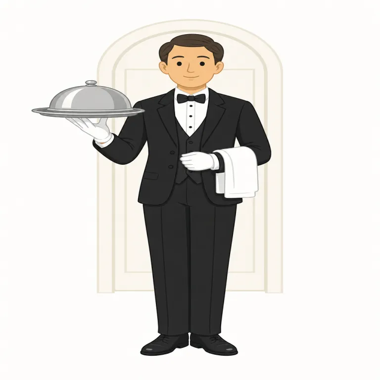 butler（執事・名詞）の覚え方イラスト — butler は単なる「召使い」ではなく、「大きな家や高級ホテルで、使用人をまとめ、主人や客に落ち着いて応対する中心人物」という場面ごと覚えると残りやすいです