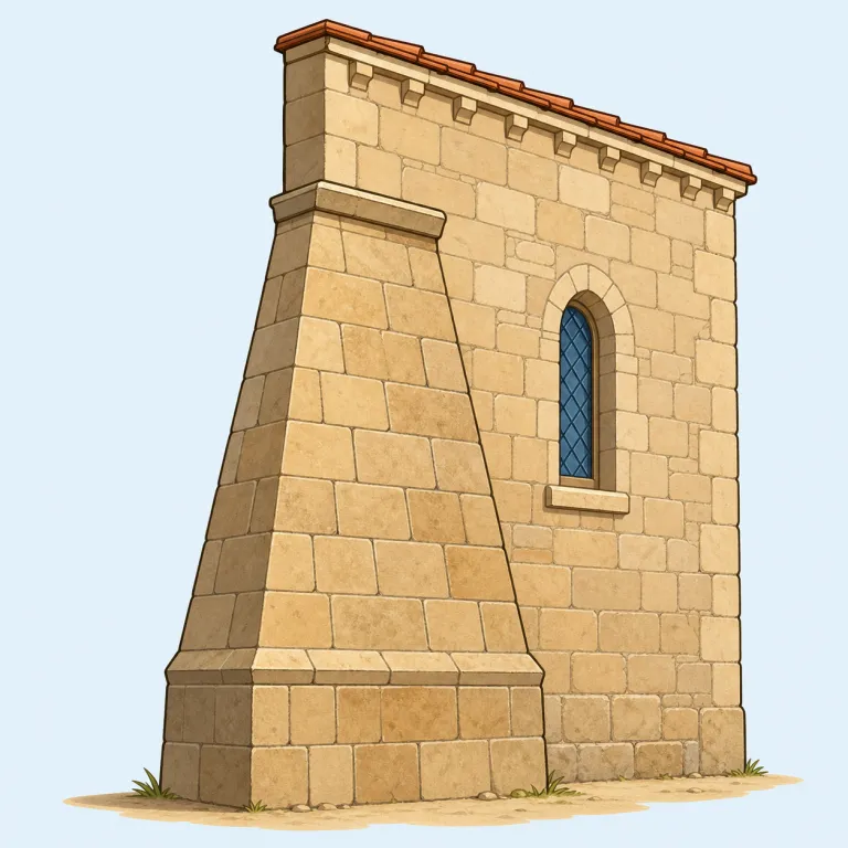 buttress（控え壁・名詞）の覚え方イラスト — buttress は「まっすぐ立つ柱」ではなく、壁の外側から斜め・横向きに支える出っ張りだとセットで覚えると定着しやすいです