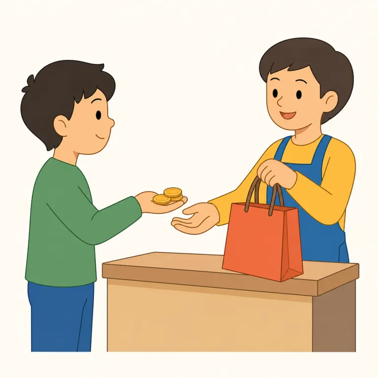 buy（買う・動詞）の覚え方イラスト — buy は「お金を払って手に入れる」が芯だと押さえると定着しやすい