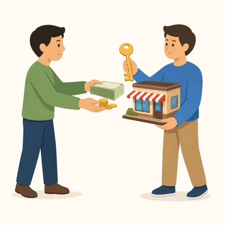 buy out（買い取る・句動詞）の覚え方イラスト — buy は「買う」、out は句動詞で「外へ」より「全部・完全に」の感覚になることが多いので、buy out は「持ち分を全部買って相手を外に出す」と捉えると残りやすい