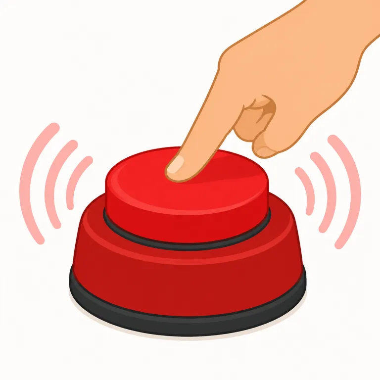 buzzer（ブザー・名詞）の覚え方イラスト — buzzer は、玄関や受付で押すとブーッと鳴って人に知らせる電気装置として覚えます