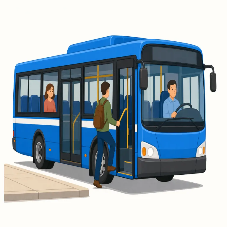 by bus（バスで・フレーズ）の覚え方イラスト — 「by + 交通手段」のひとまとまりで覚えるのが最短です