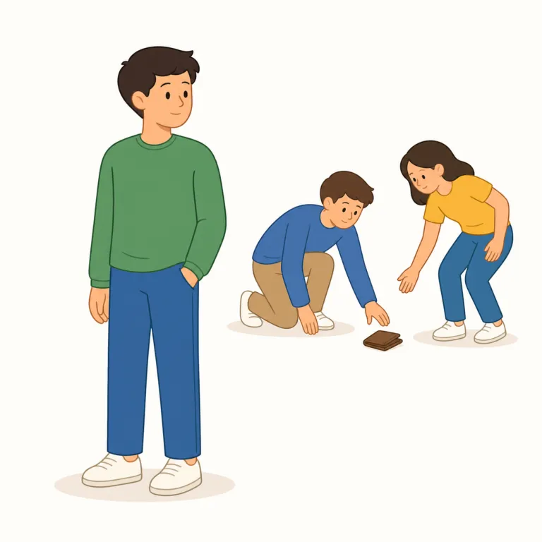 bystander（居合わせた人・名詞）の覚え方イラスト — by は「そばに」、stand は「立つ」、-er は「人」を作る形です