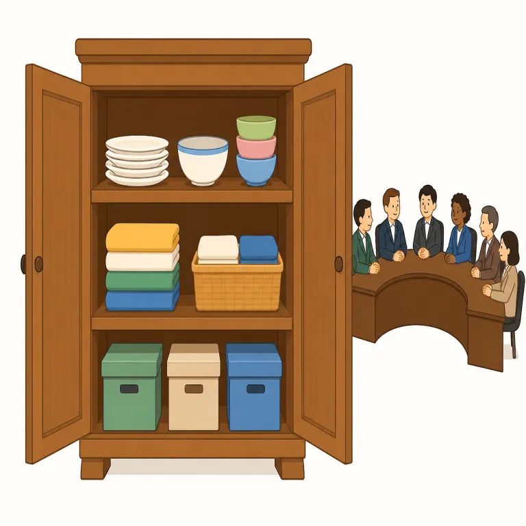cabinet（戸棚、収納庫；内閣・名詞）の覚え方イラスト — まず家具の意味で固定する