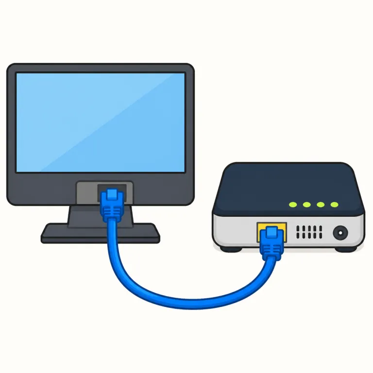 cabled（ケーブル接続された・形容詞）の覚え方イラスト — この意味の cabled は、物や機器がケーブルで物理的につながっている状態を表します