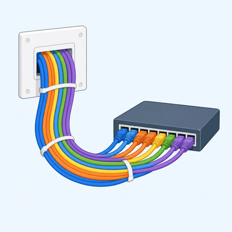 cabling（ケーブル類・名詞）の覚え方イラスト — cable「ケーブル」に -ing が付くと、ここでは動作よりも「ケーブルをまとめたもの」という集合名詞として考えると覚えやすいです